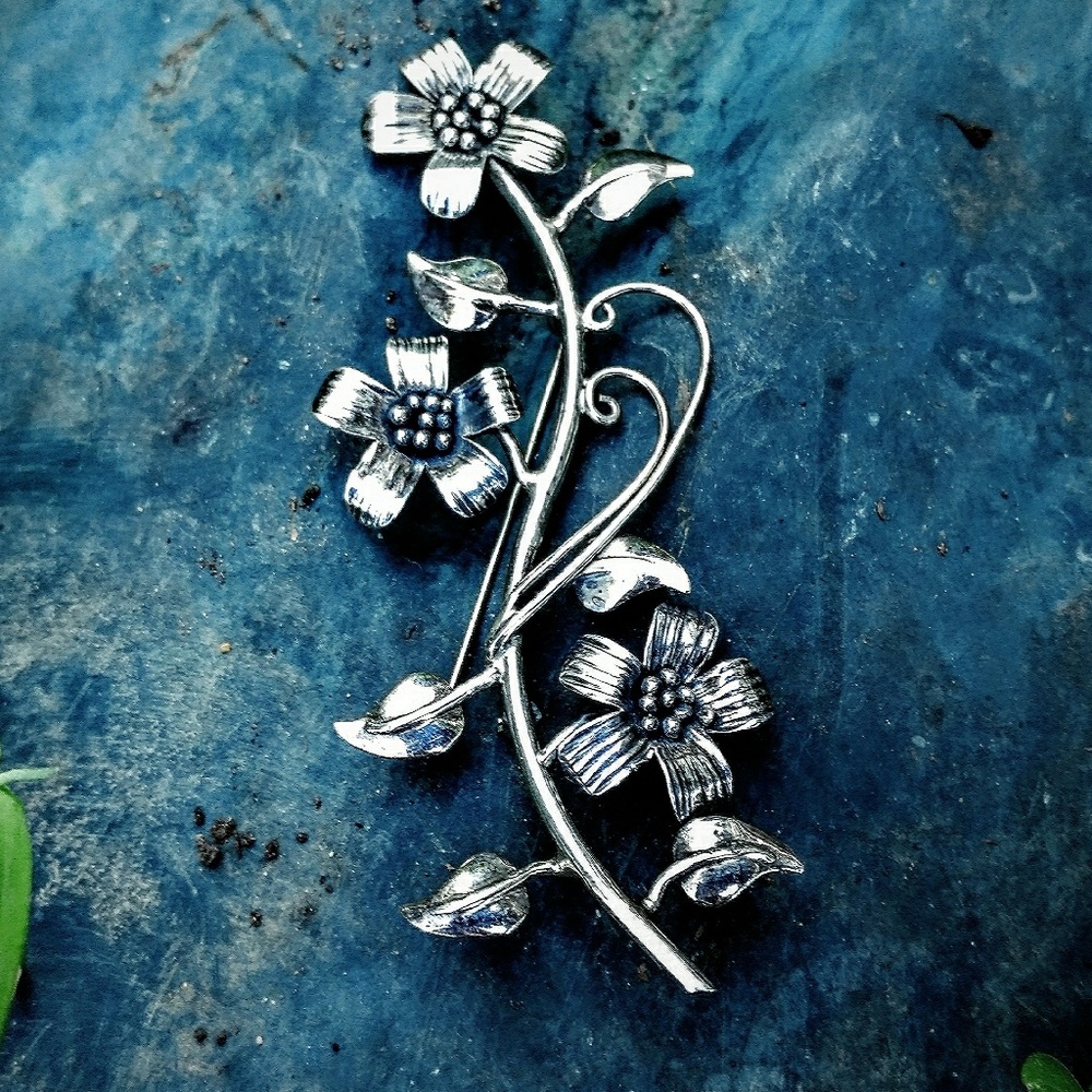 Vintage HUGE Sterling Silver Mexican Floral Brooch